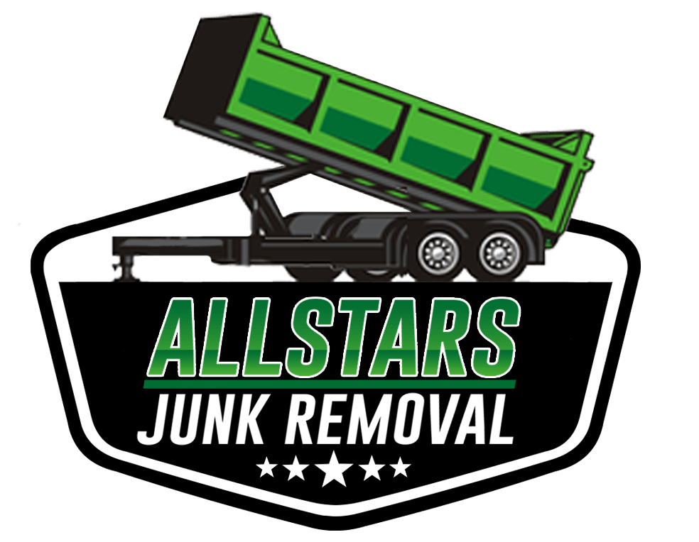 The logo for allstars junk removal shows a dump truck with a trailer attached to it.