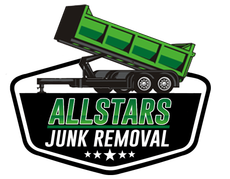 The logo for allstars junk removal shows a dump truck with a trailer attached to it.