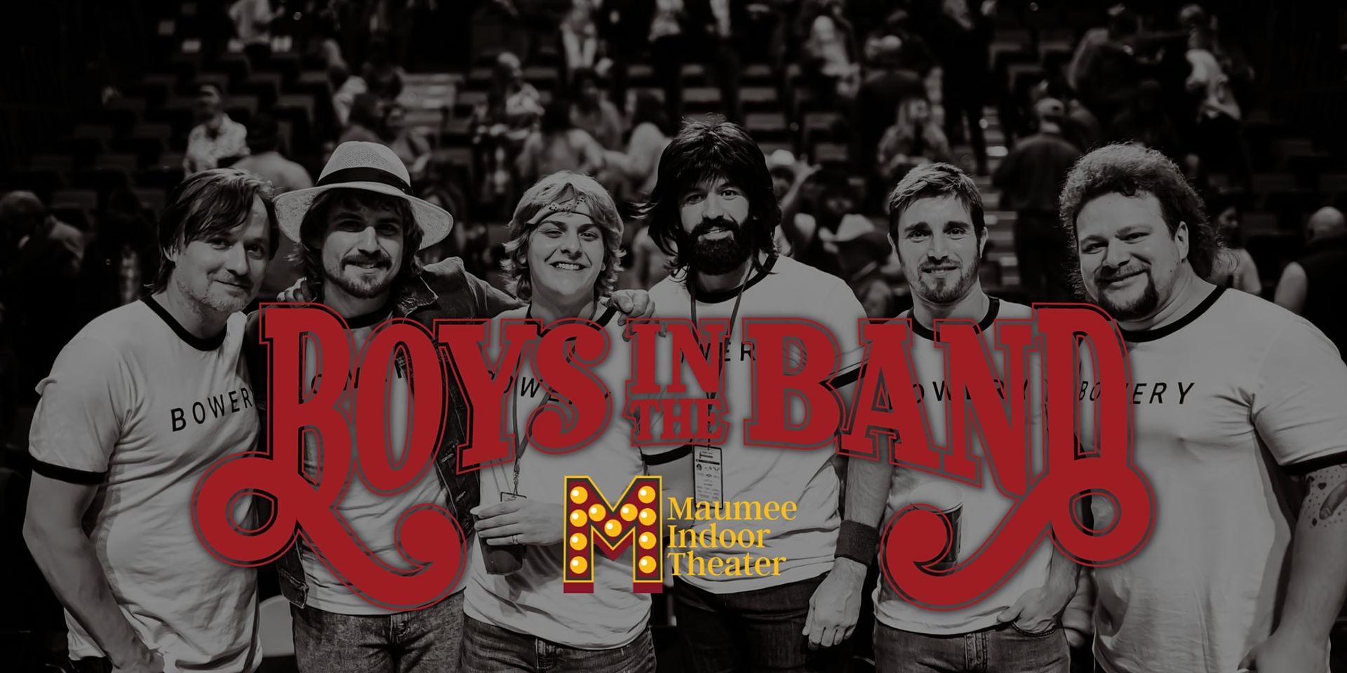 A group of men are posing for a picture with the word boys in band in red letters.
