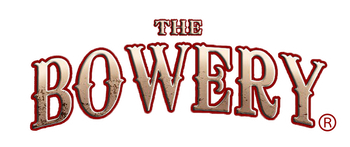 A red and white logo for the bowery on a white background