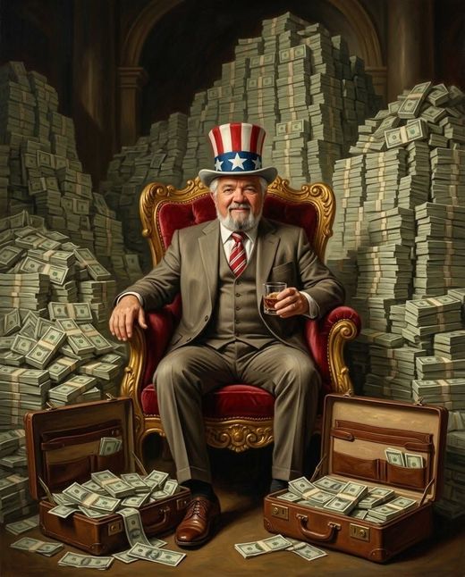 A wealthy man in a top hat sits on a throne, surrounded by stacks of cash and open briefcases of money.
