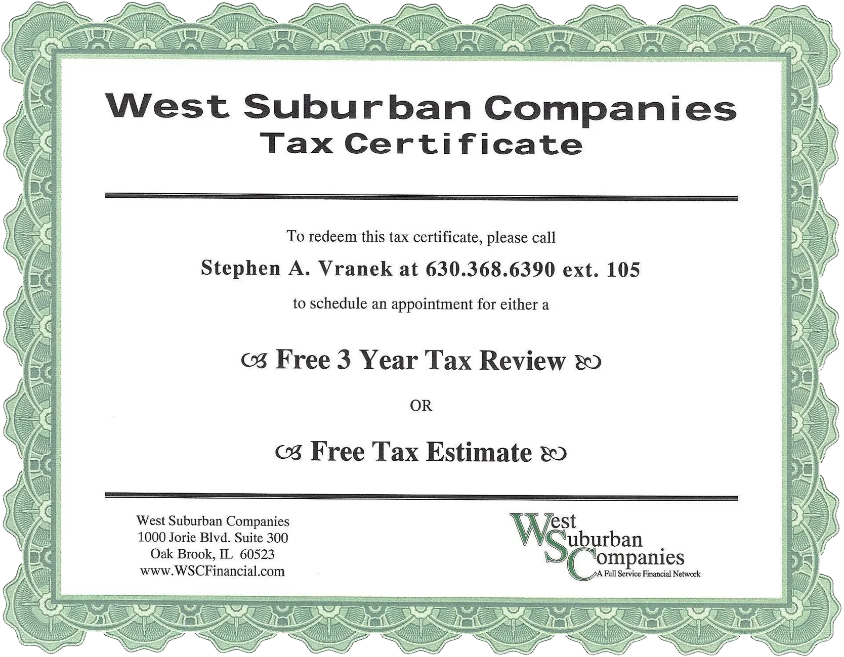 West Suburban Companies Tax Certificate