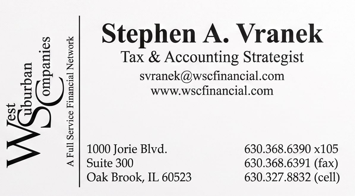 Business card for Stephen A. Vranek, tax and accounting strategist, with contact details and Westberg Companies logo.