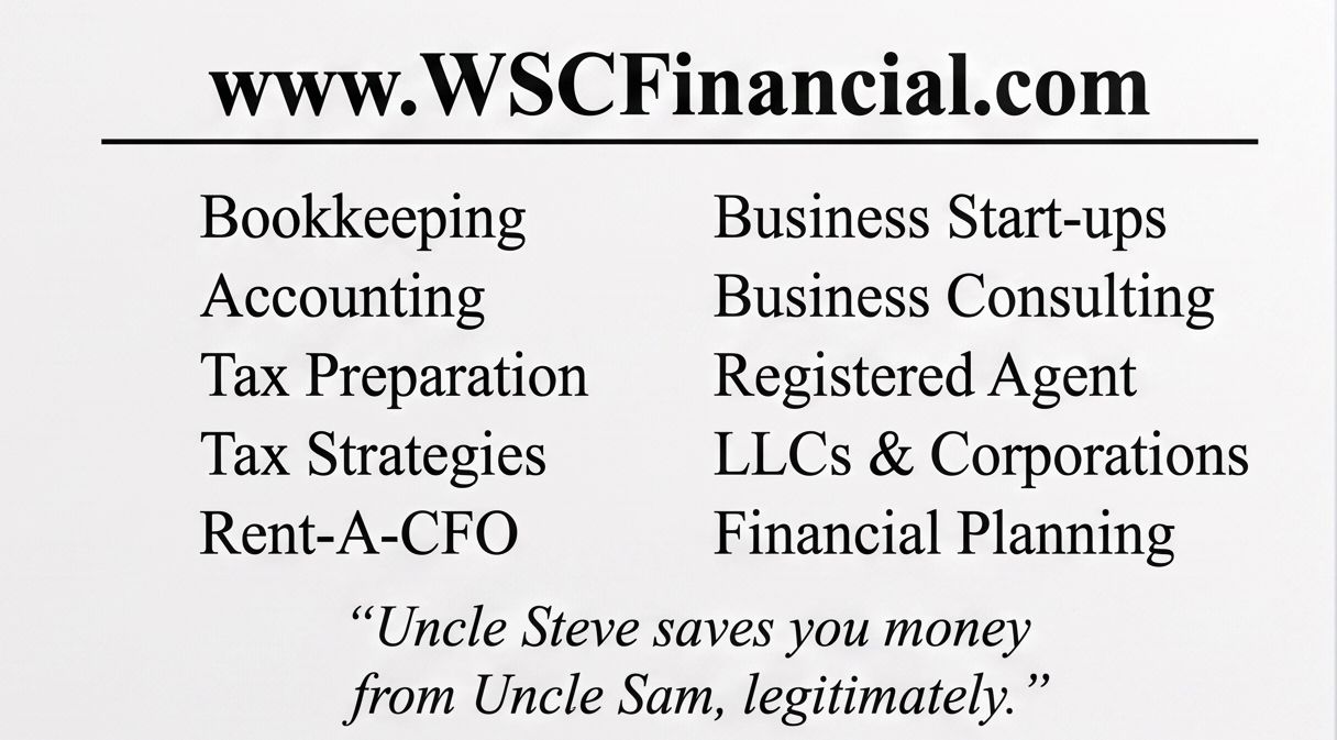 WSC Financial business services ad listing bookkeeping, tax prep, consulting, and financial planning