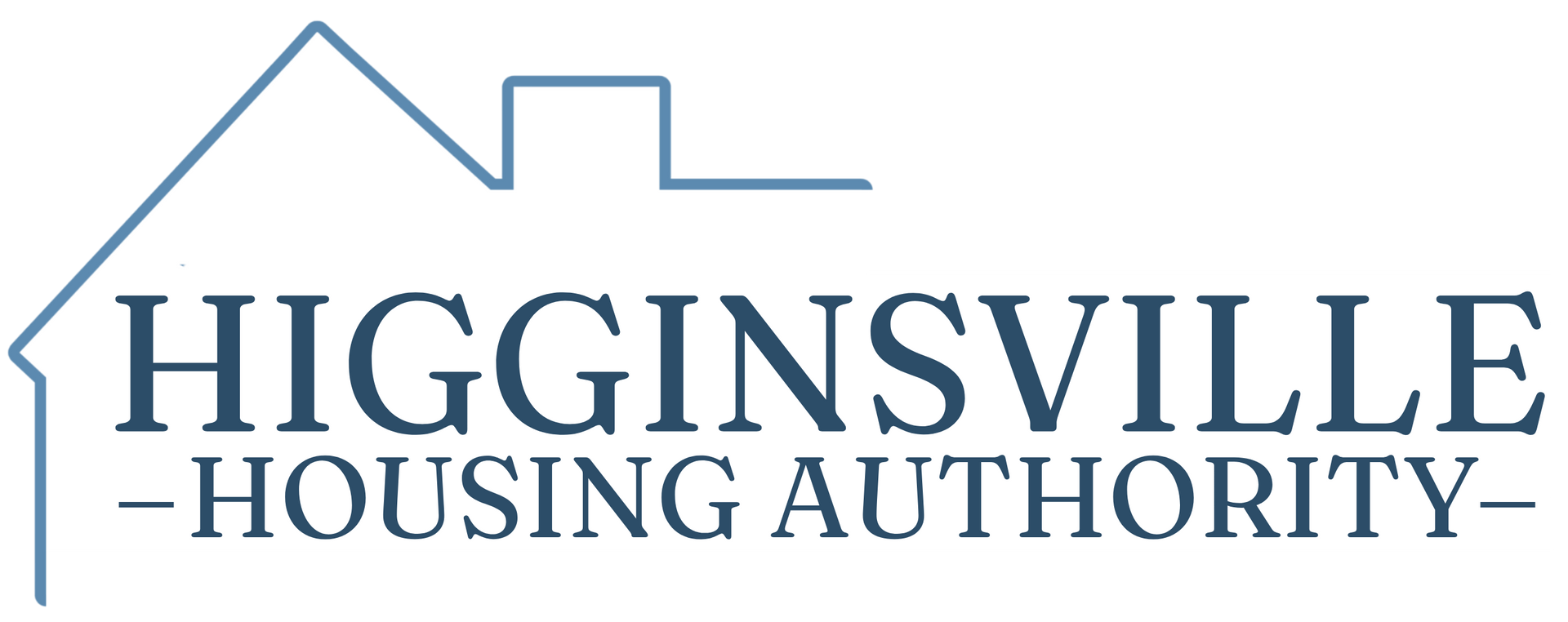 Higginsville Housing Authority logo with blue house roof outline and blue serif text