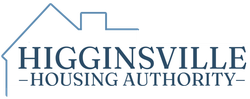 Higginsville Housing Authority logo with blue house roof outline and blue serif text