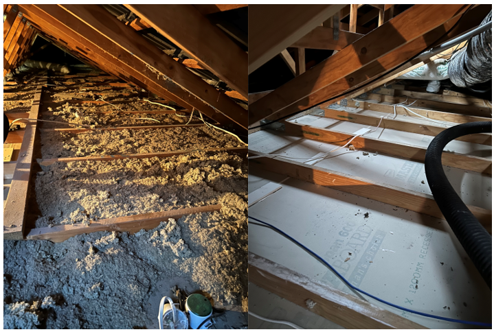 Attic with exposed wooden beams and damaged insulation; dusty floor and HVAC ducting visible.