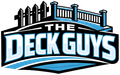 Logo for The Deck Guys with blue and black text under a stylized deck railing icon