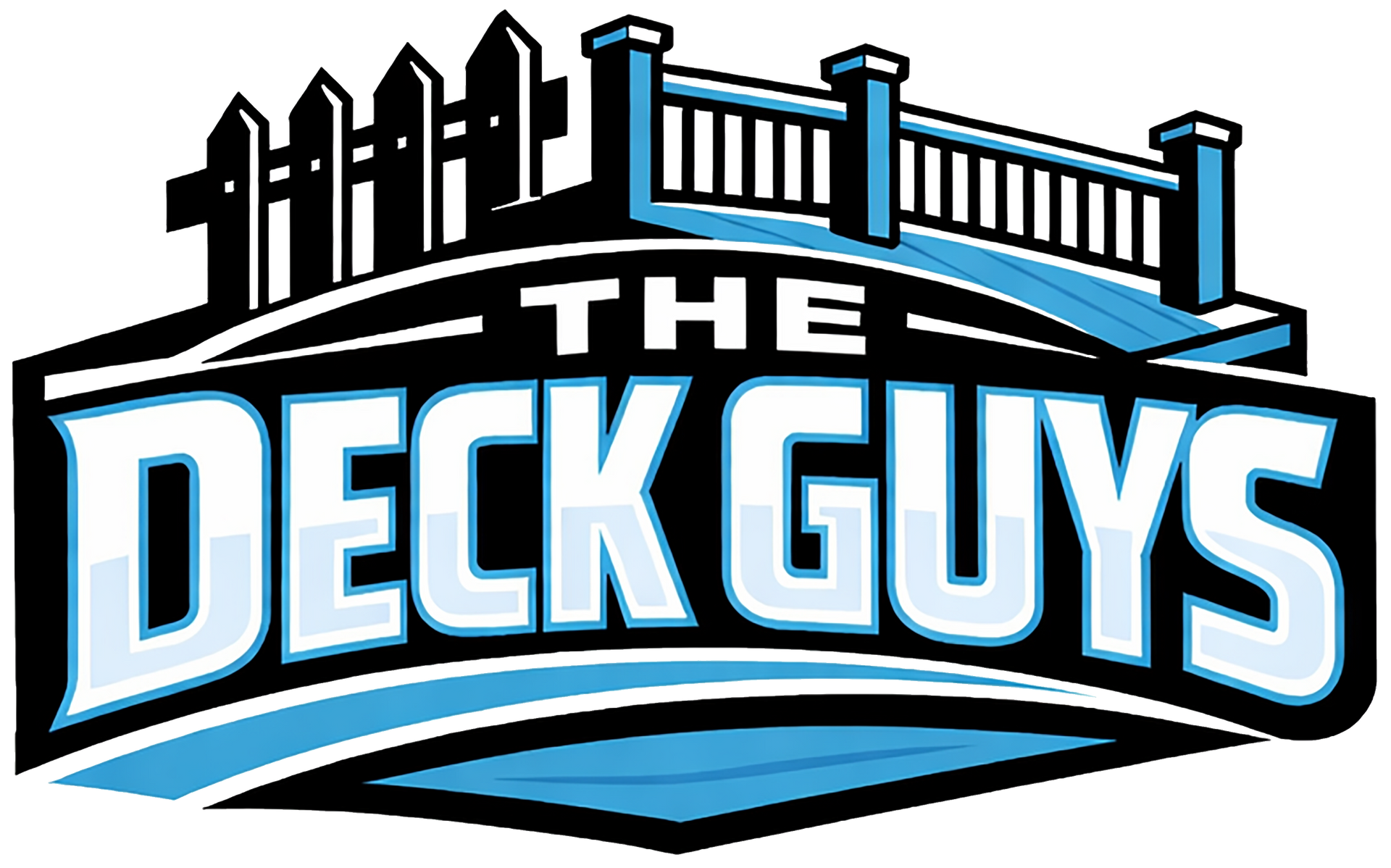 Logo for The Deck Guys with blue and black text under a stylized deck railing icon