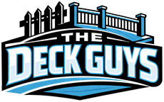 Logo for The Deck Guys with blue and black text under a stylized deck railing icon