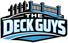 Logo for The Deck Guys with blue and black text under a stylized deck railing icon