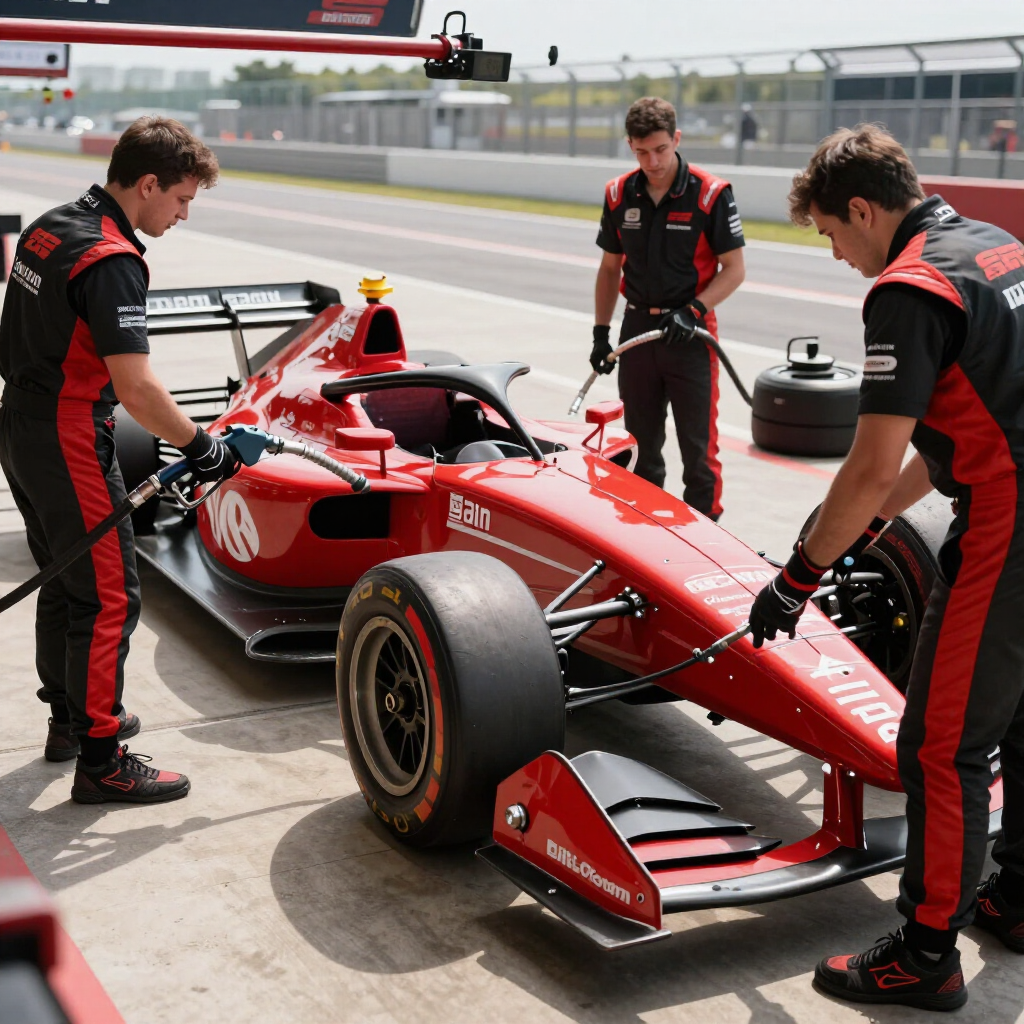 Tres mecánicos con uniformes rojos y negros trabajan en un coche rojo de Fórmula 1 en el pit lane.
