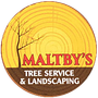 Logo for Maltby's Tree Service & Landscaping: brown tree silhouette, red text over wood grain circle.