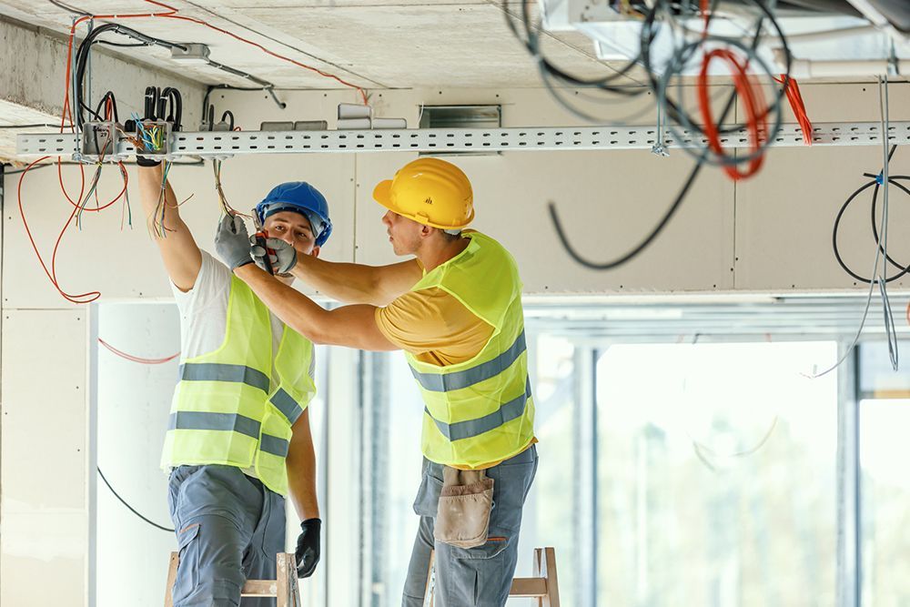 Two construction workers are working on the ceiling of a building.