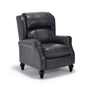 Black leather recliner chair with padded arms and wooden feet on a white background