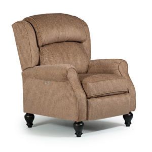 Brown upholstered armchair with high back and black legs on a white background