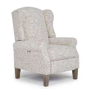 Beige patterned wingback armchair with wooden legs, shown on a white background