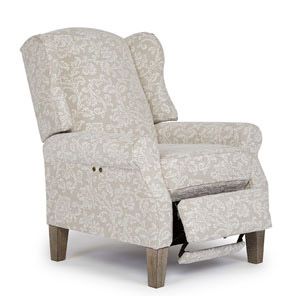Cream patterned recliner chair with wooden legs, shown in three-quarter view