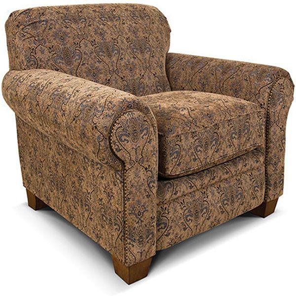 Brown patterned upholstered armchair with wooden legs on a white background