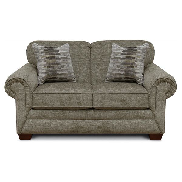 Gray upholstered loveseat with two patterned throw pillows and wooden legs