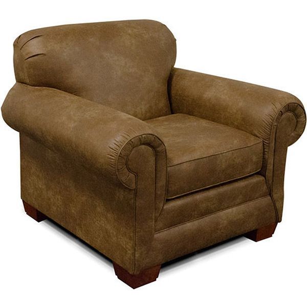 Brown upholstered armchair with rolled arms and wooden feet