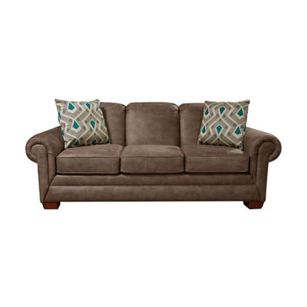 Brown three-seat sofa with patterned throw pillows on each end