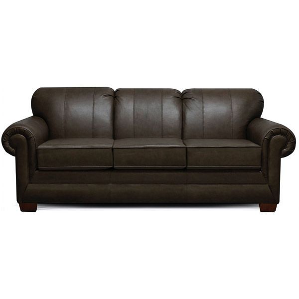 Dark brown leather sofa with rolled arms and three cushioned seats on a white background