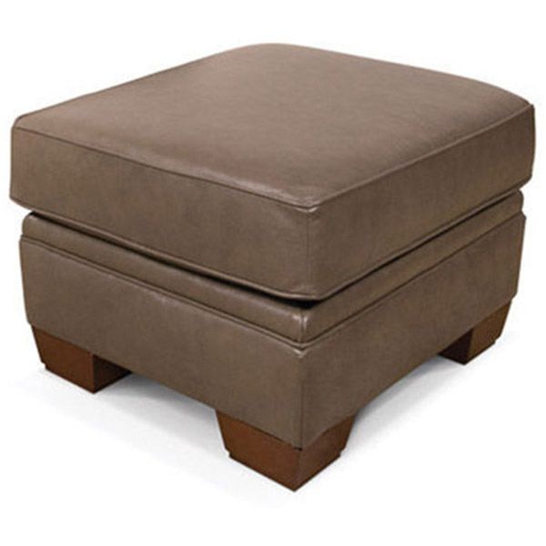 Brown cushioned ottoman with wooden feet on a white background