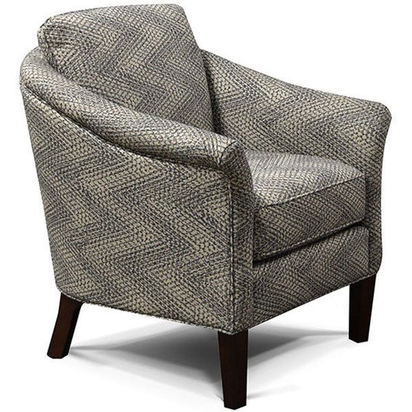 Gray patterned upholstered armchair with dark wooden legs, angled view