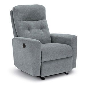 Gray upholstered recliner chair with padded arms and back, shown on a white background