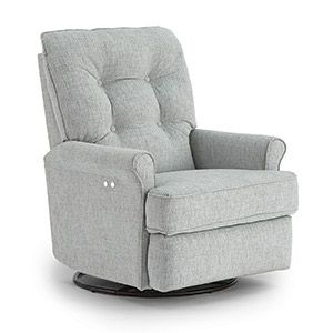 Light gray tufted swivel recliner with padded arms and ottoman-style footrest