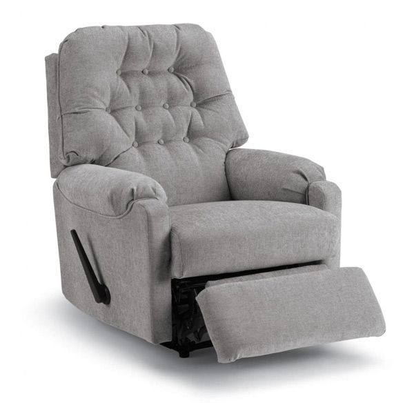 Gray upholstered recliner chair with padded backrest and footrest extended