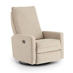 Beige upholstered recliner chair with padded arms and swivel base on a white background