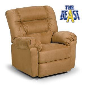 Tan leather recliner chair with a “THE BEAST” logo in the top right corner