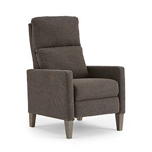 Gray upholstered armchair with high back and wooden legs on a white background