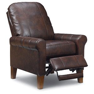 Brown leather recliner with a footrest extended, isolated on a white background