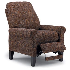 Brown upholstered recliner chair with footrest and black legs on a white background
