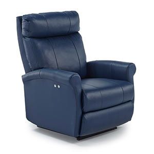 Navy blue recliner chair with high back and padded armrests on a white background