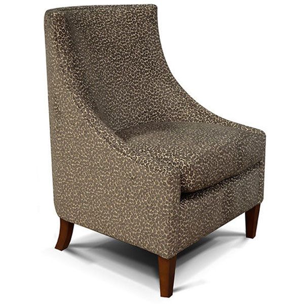 Brown upholstered accent chair with tapered wooden legs, shown against a white background