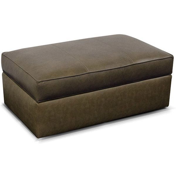 Brown upholstered storage ottoman with a cushioned lid on a white background