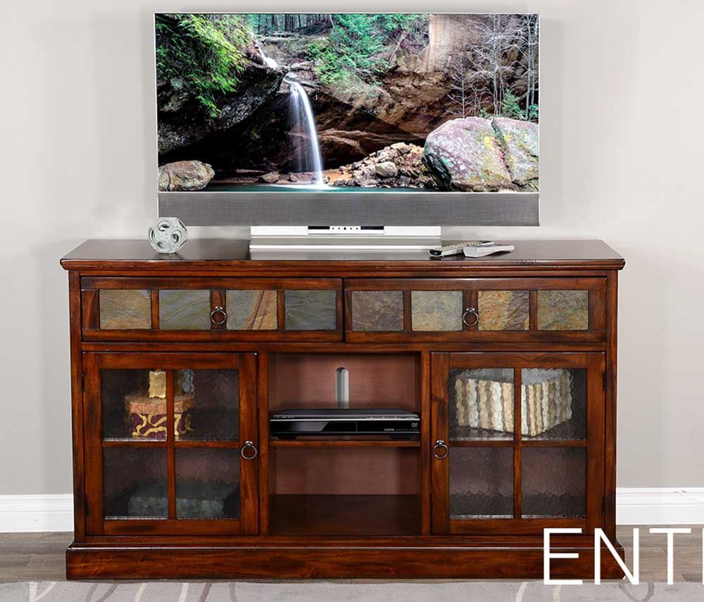 Wooden TV cabinet with a flat-screen showing a waterfall scene and a silver soundbar on top