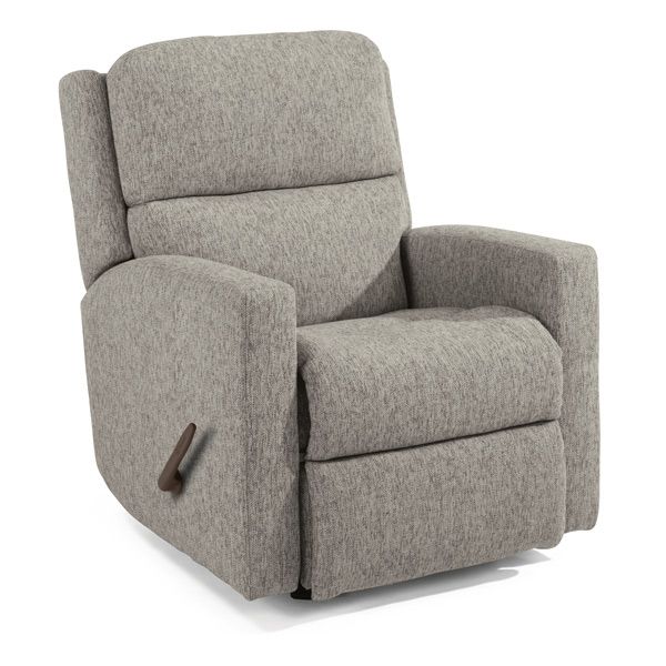 Gray upholstered recliner chair with side lever on a white background