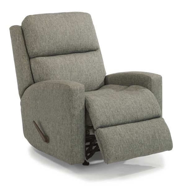 Gray upholstered reclining armchair with padded arms and footrest