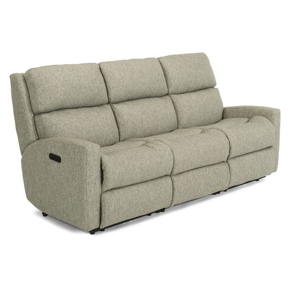 Beige upholstered reclining loveseat with tufted back and armrests on a white background