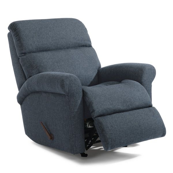 Dark gray upholstered recliner chair with padded arms and footrest extended