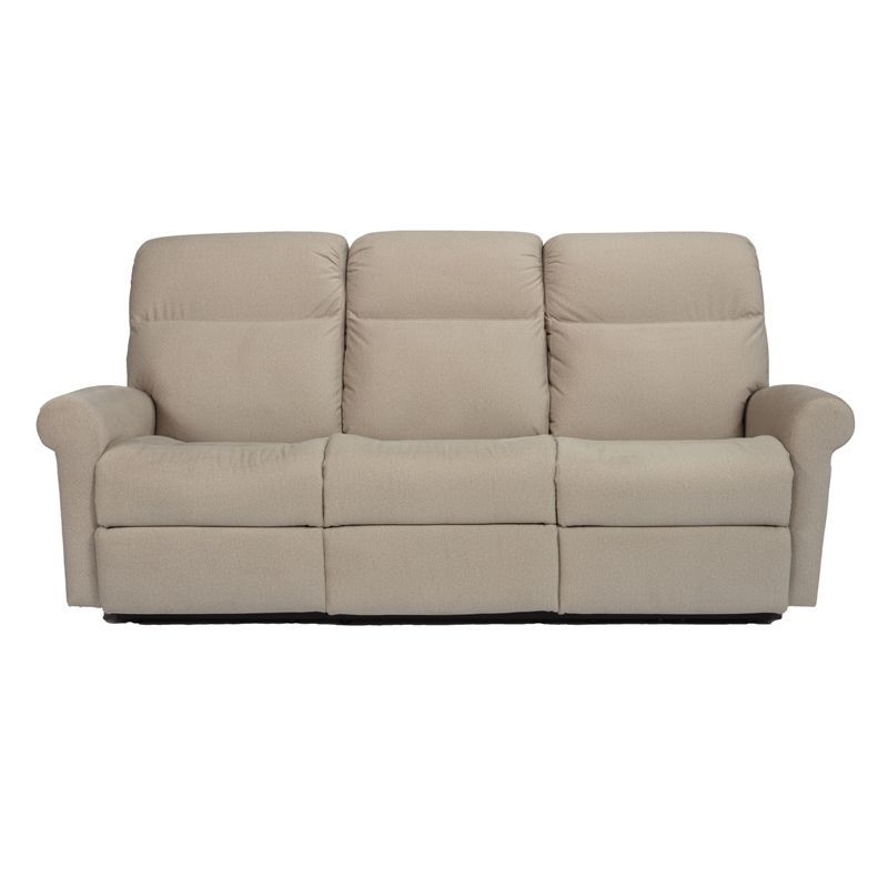 Beige three-seat upholstered sofa with cushioned back and rounded arms