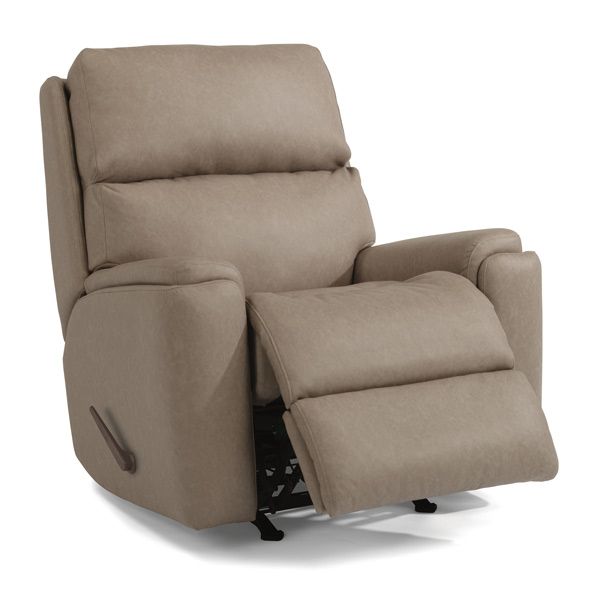 Beige upholstered recliner chair with footrest extended, isolated on white background