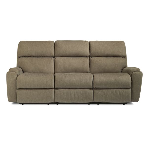 Beige three-seat reclining sofa with padded arms on a white background
