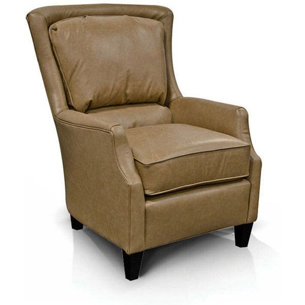 Tan upholstered armchair with high back, cushioned seat, and dark wooden legs on a white background