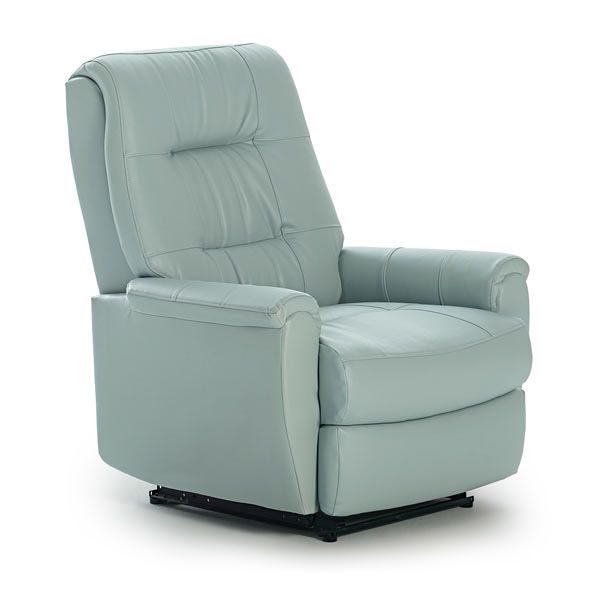 Light gray leather recliner chair with padded arms and back on a black base